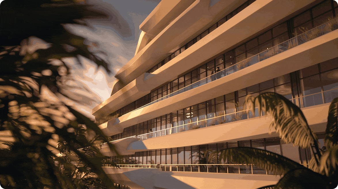 Modern luxury beachfront condo building with palm trees.